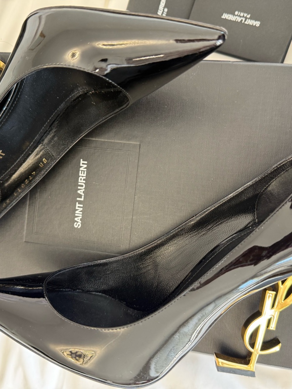 Saint Laurent Black Patent Opyum Stiletto Pumps with Gold YSL Heel - Picture 7 of 7